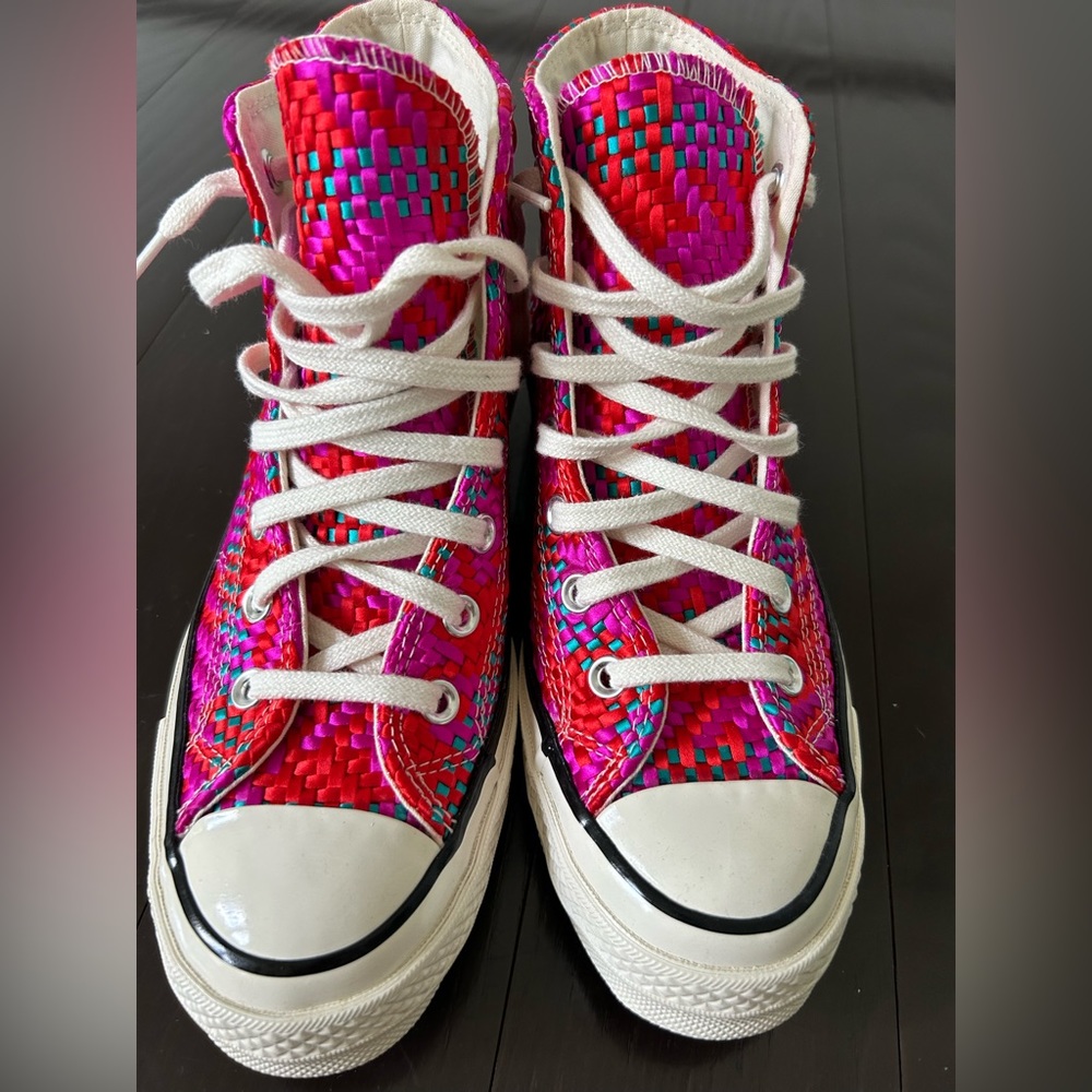 Converse High Top Sneakers in Fuchsia, Red & Teal Woven Upper